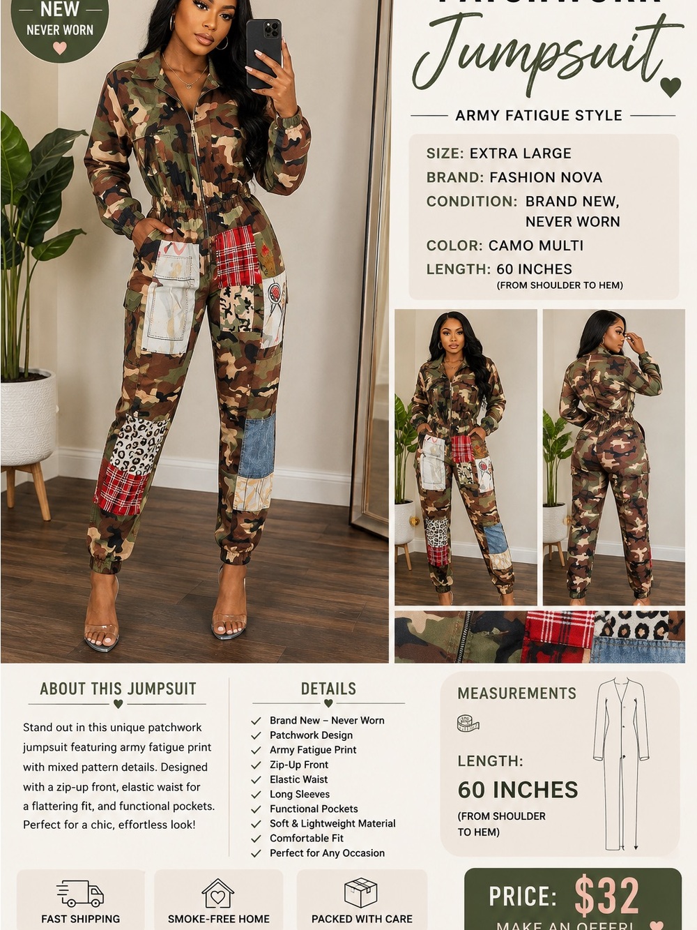 Fashion Nova Camo Multi Patchwork Jumpsuit - Green/Brown